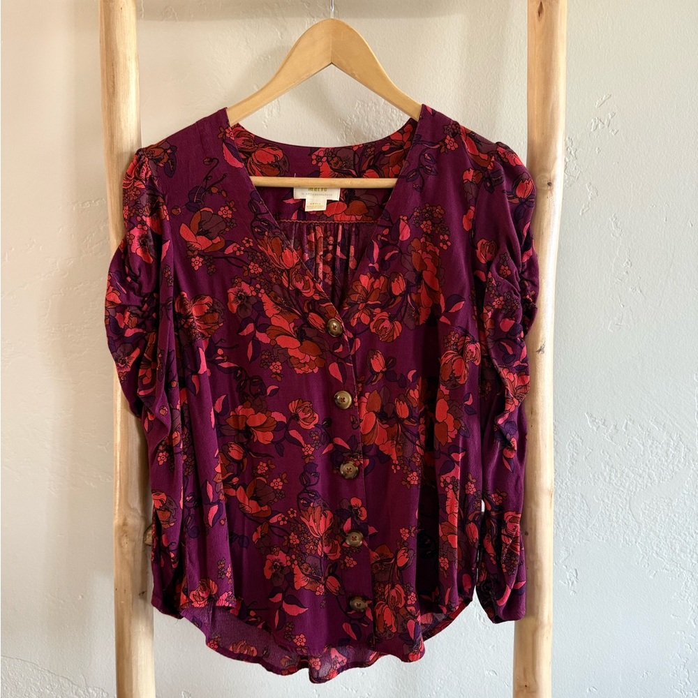 Anthropologie Purple Blouse with Red Floral Print